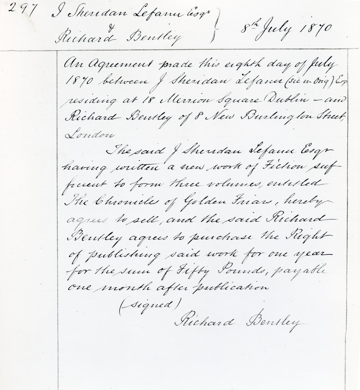Kontrakt wydawniczy między Josephem Sheridanem Le Fanu i Richardem Bentleyem za „Kroniki Złotych Braci”, 1870 (tusz na papierze) autorstwa English School