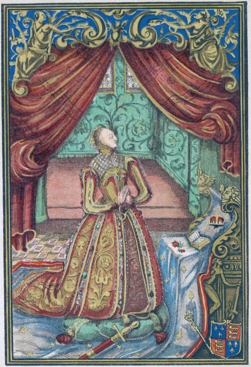 Królowa Elżbieta I podczas modlitwy, frontyspis do „Modlitw chrześcijańskich”, 1569 autorstwa English School