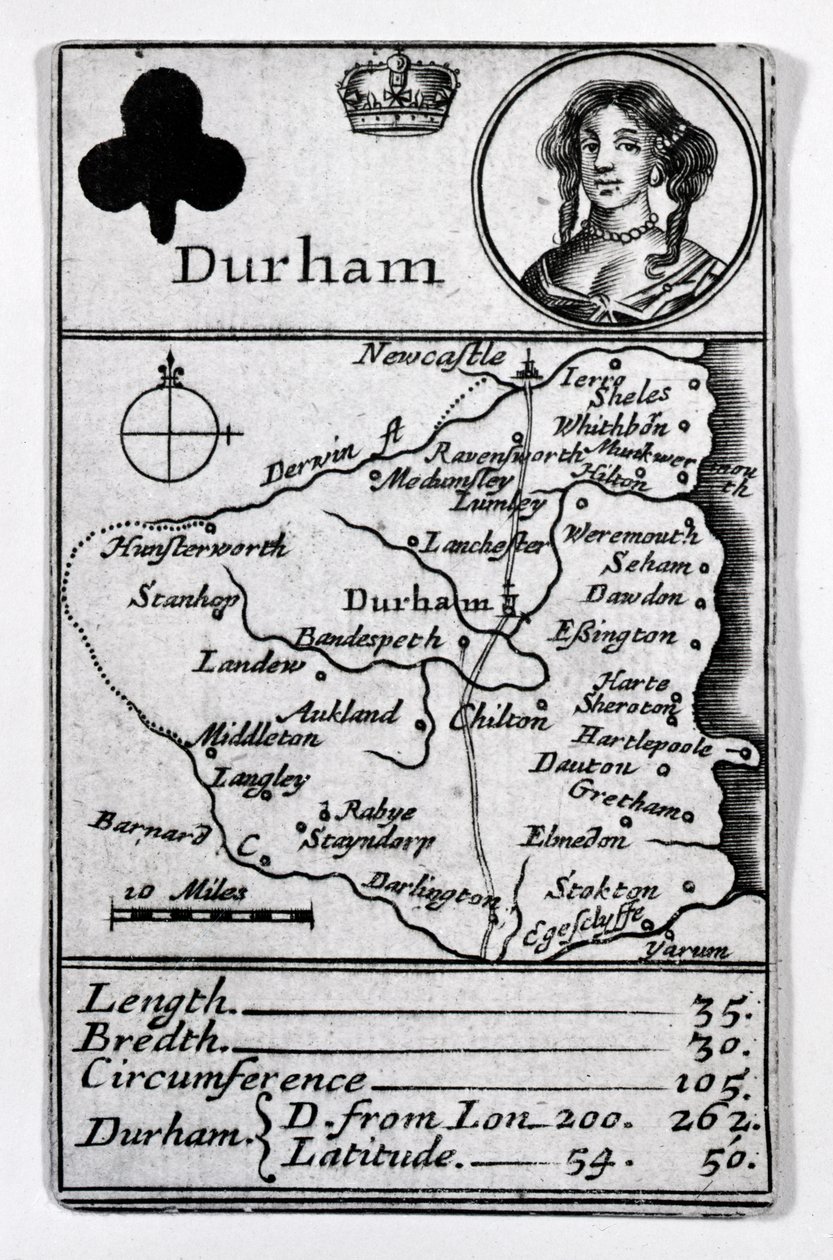 Mapa królowej trefl i Durham, ok. 1675 r autorstwa English School
