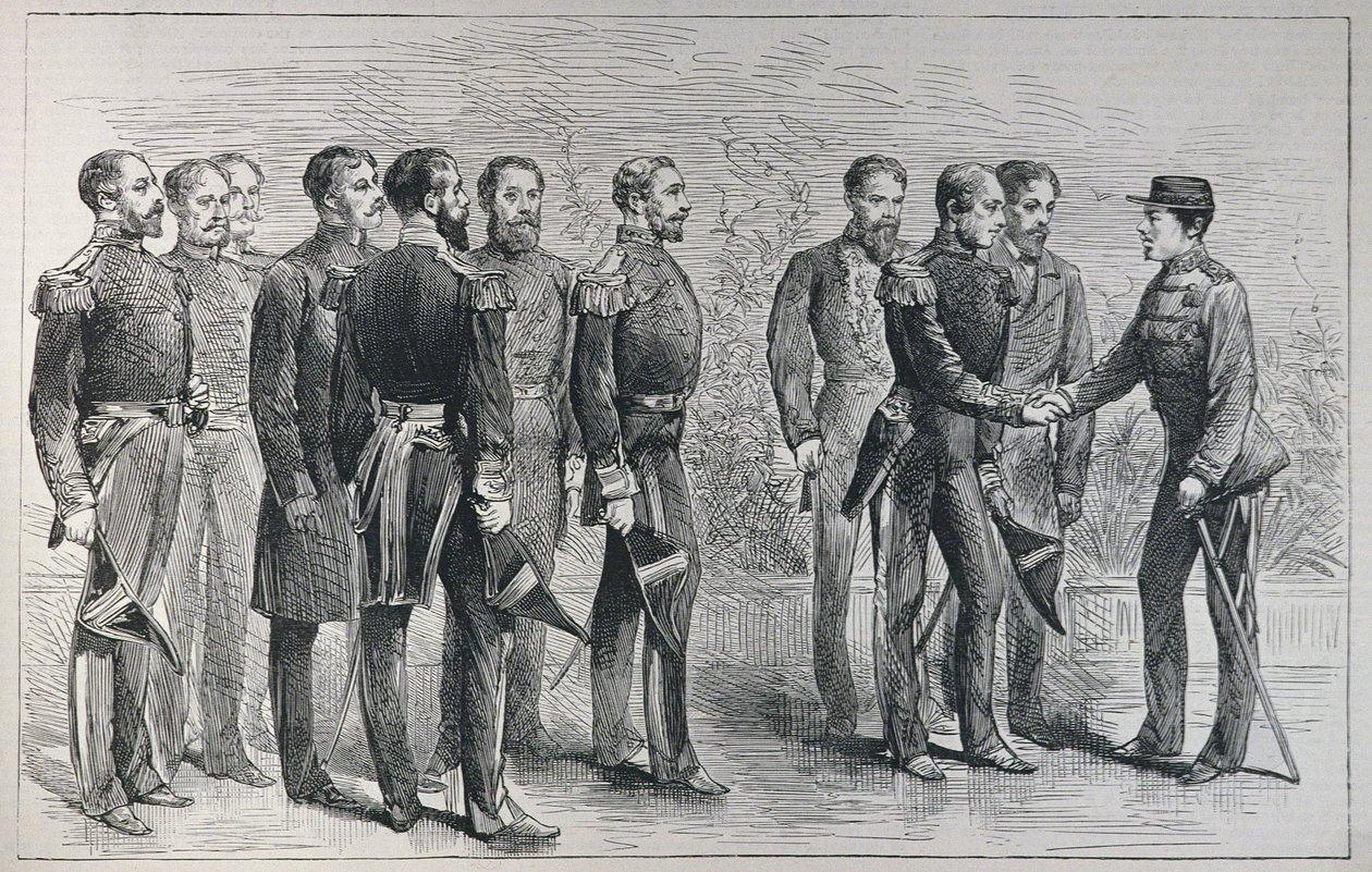 Przyjęcie brytyjskich oficerów marynarki przez Mikado z Japonii z „The Illustrated London News”, 7 maja 1887 autorstwa English School