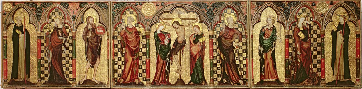 Retabulum przedstawiające Ukrzyżowanie z Ośmioma Świętymi, ok. 1300 (tempera i złoty płatek na desce) (patrz także 1713) autorstwa English School