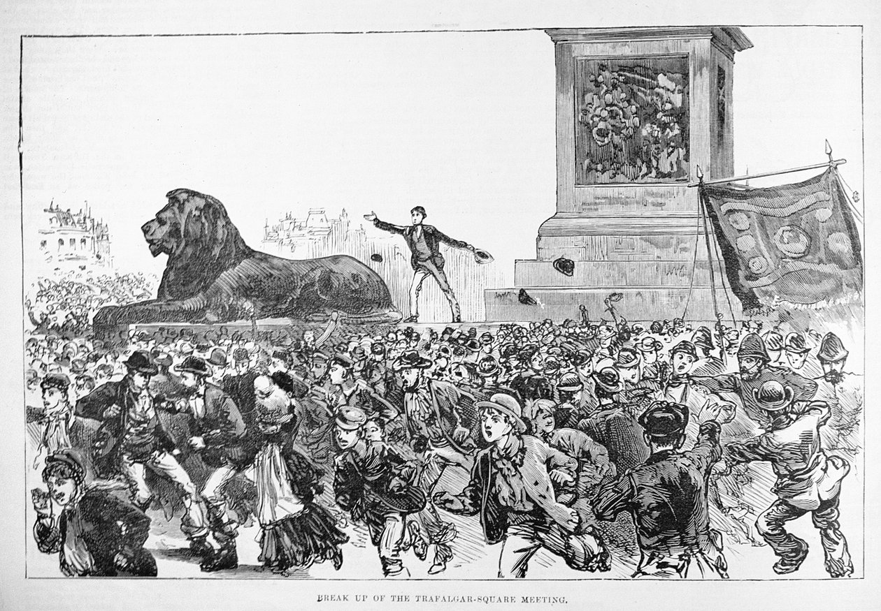 Zamieszki na West Endzie w Londynie: Rozbicie spotkania na Trafalgar Square, z „The Illustrated London News”, 13 lutego 1886 autorstwa English School