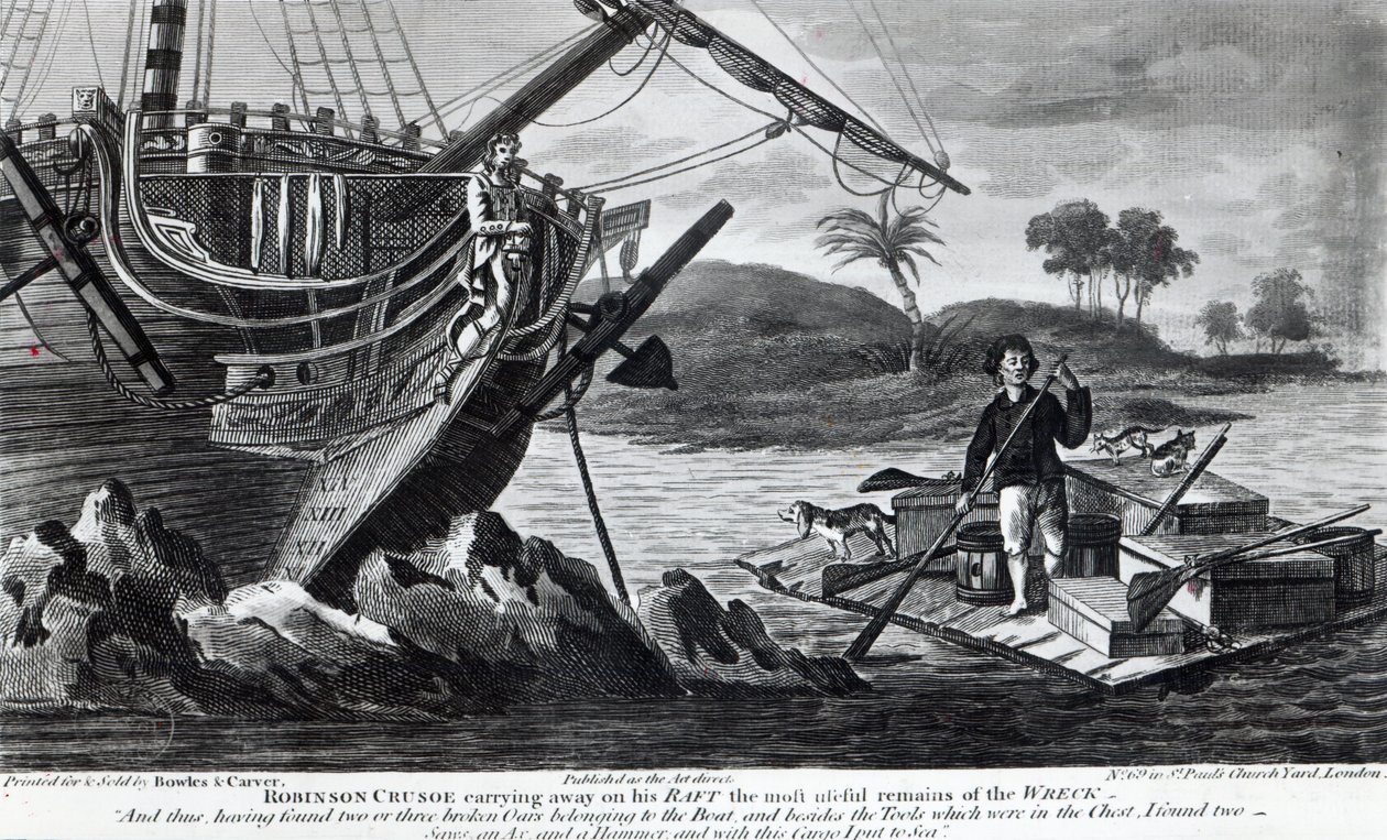 Robinson Crusoe unoszący na tratwie najbardziej przydatne szczątki wraku autorstwa English School