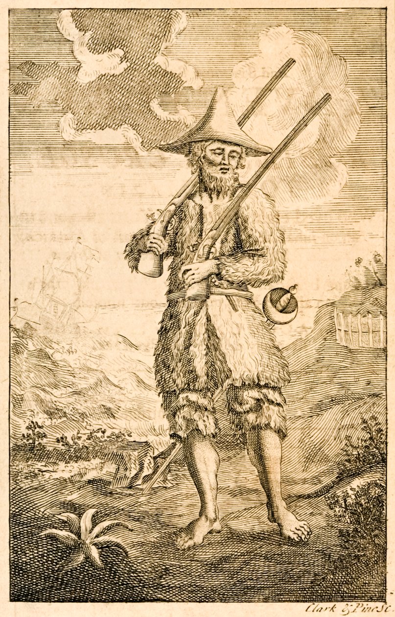 ?Robinson Crusoe? ilustracja z okładki przedstawiająca rzekomego autora Crusoe na brzegu z muszkietami i mieczem, z filmu „Życie i dziwaczne przygody Robinsona Crusoe lub York, Marine autorstwa English School