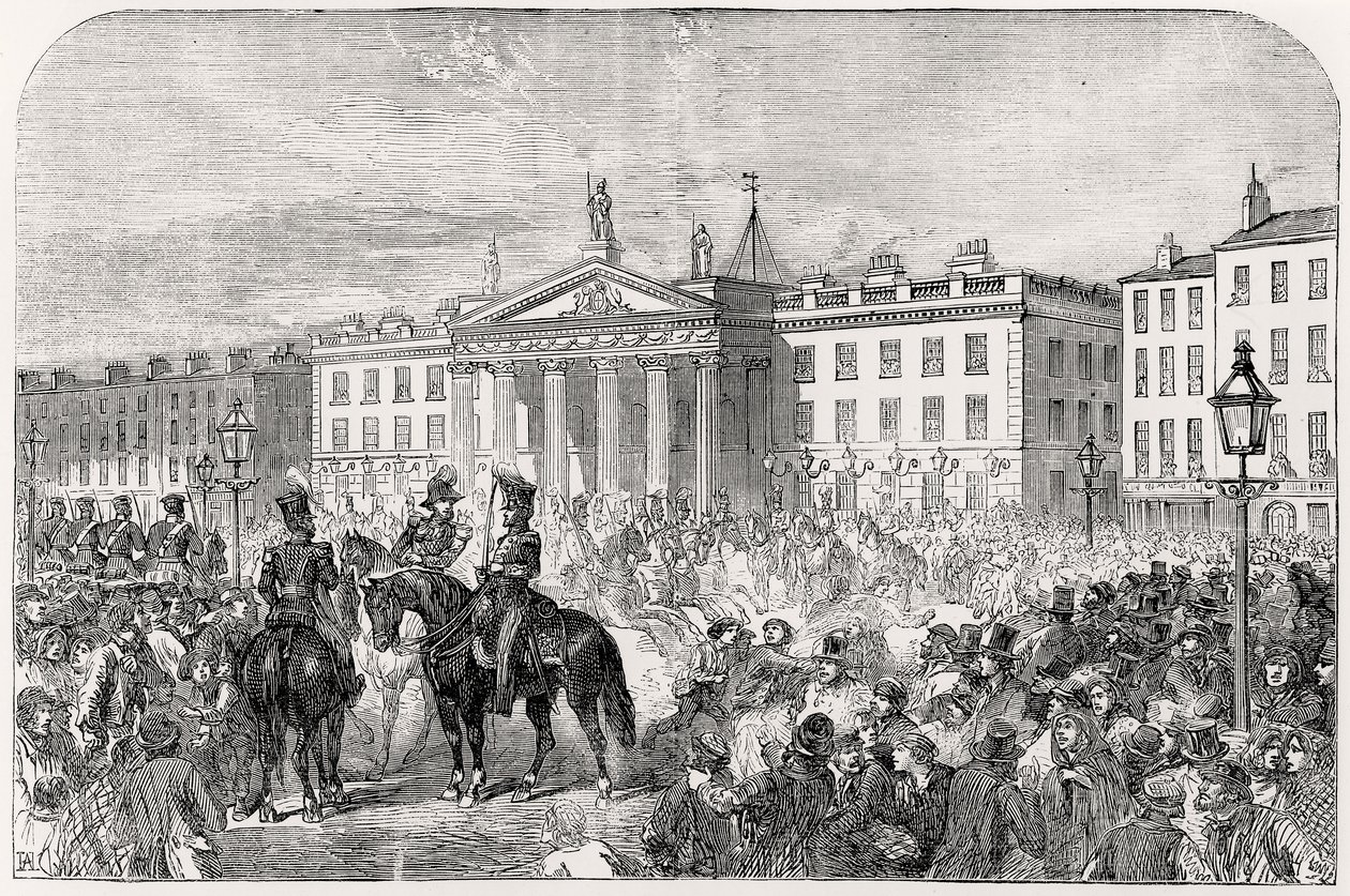 Sackville Street w Dublinie podczas buntu w 1847 r. autorstwa English School