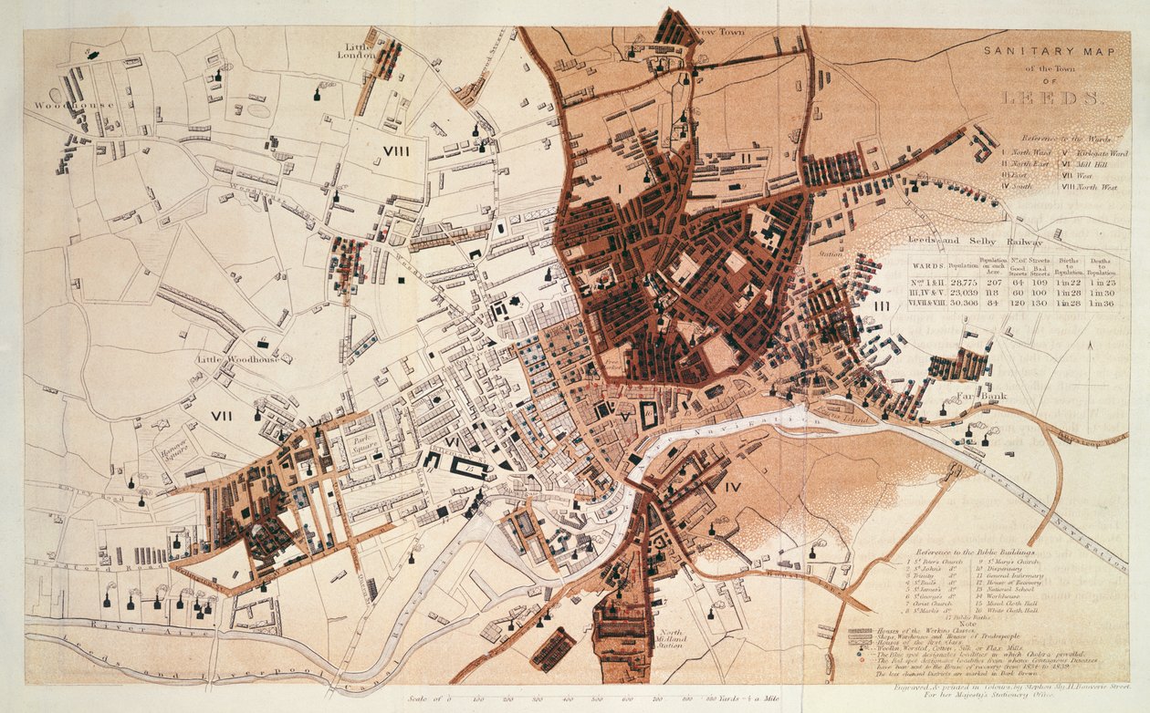Mapa sanitarna miasta Leeds, Stephen Sly dla Biura Papeterii Jej Królewskiej Mości, 1842 autorstwa English School