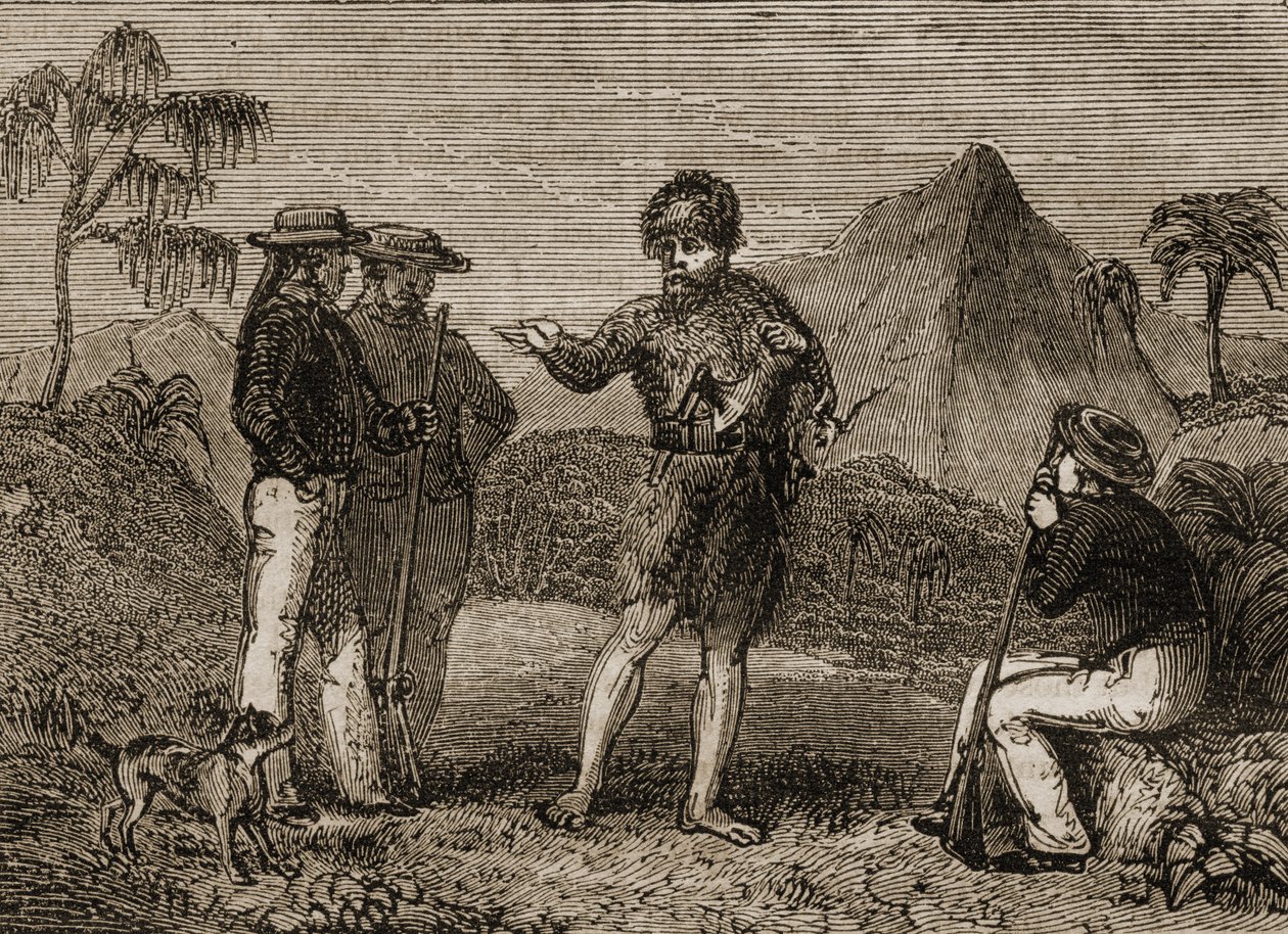 Selkirk i brytyjscy żeglarze, ilustracja z „Opowieści o podróżnikach lub widok świata” wydanej w 1838 r. autorstwa English School