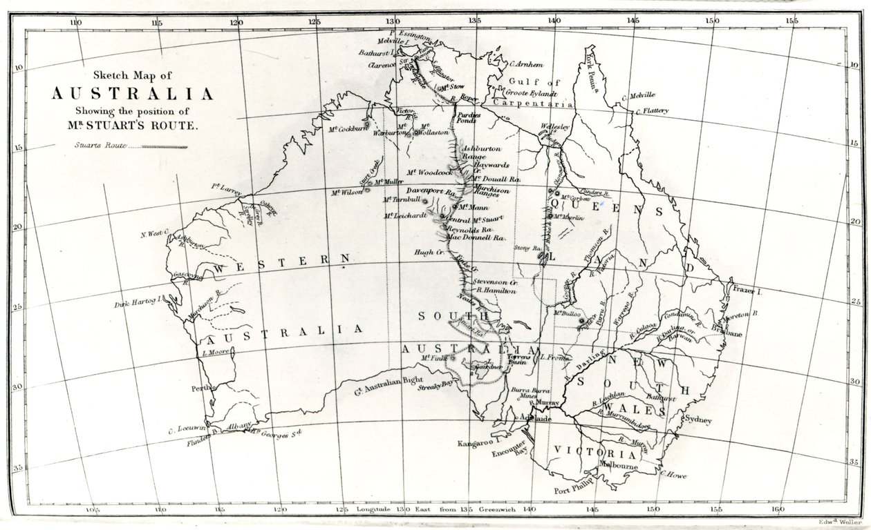 Szkicowa mapa Australii pokazująca położenie Trasy Pana Stuarta, 1864 r. autorstwa English School