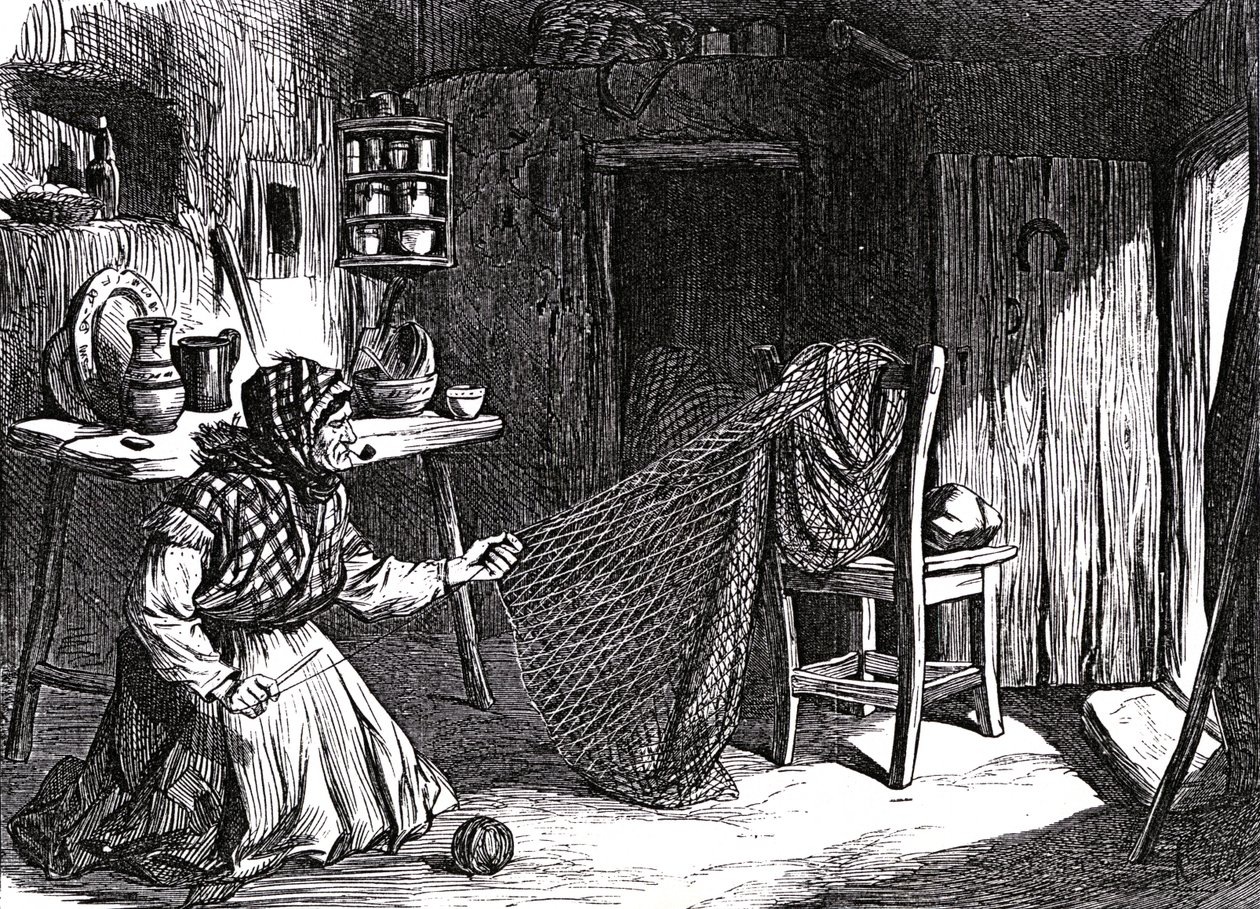 Szkice z Irlandii: Kobieta robiąca sieci w Claddagh, Galway, ilustracja z "The Illustrated London News", 1870 autorstwa English School