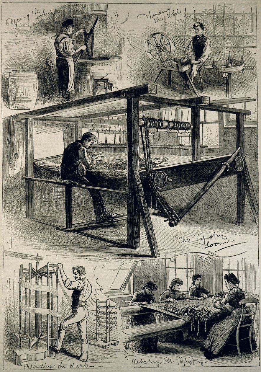 Szkice Królewskiej Manufaktury Gobelinów w Windsor, z „The Illustrated London News”, 29 kwietnia 1882 autorstwa English School