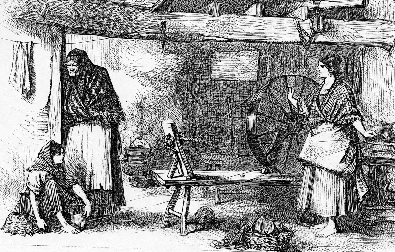 Spinning Net Thread w Claddagh, Galway, ilustracja z „The Illustrated London News”, 16 lipca 1870 autorstwa English School