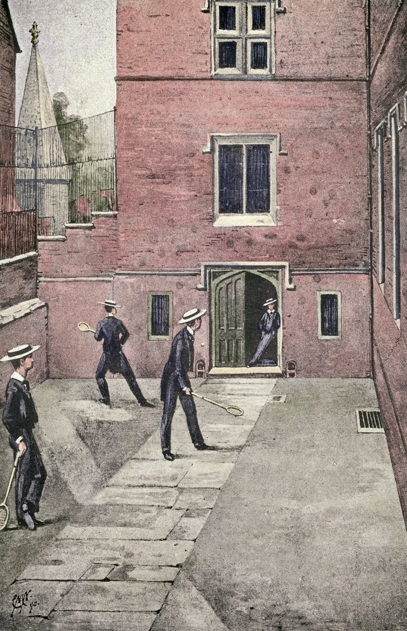 Rakiety do squasha w Harrow, ilustracja z Lawn Tennis Rackets and Fives, pub. 1890 autorstwa English School