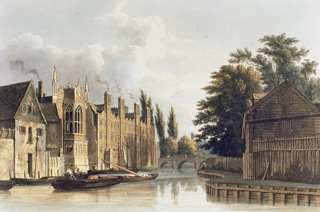 St. Johns College, Cambridge od Fishers Lane, tablica z Historii Cambridge autorstwa R. Ackermanna, 1815 autorstwa English School