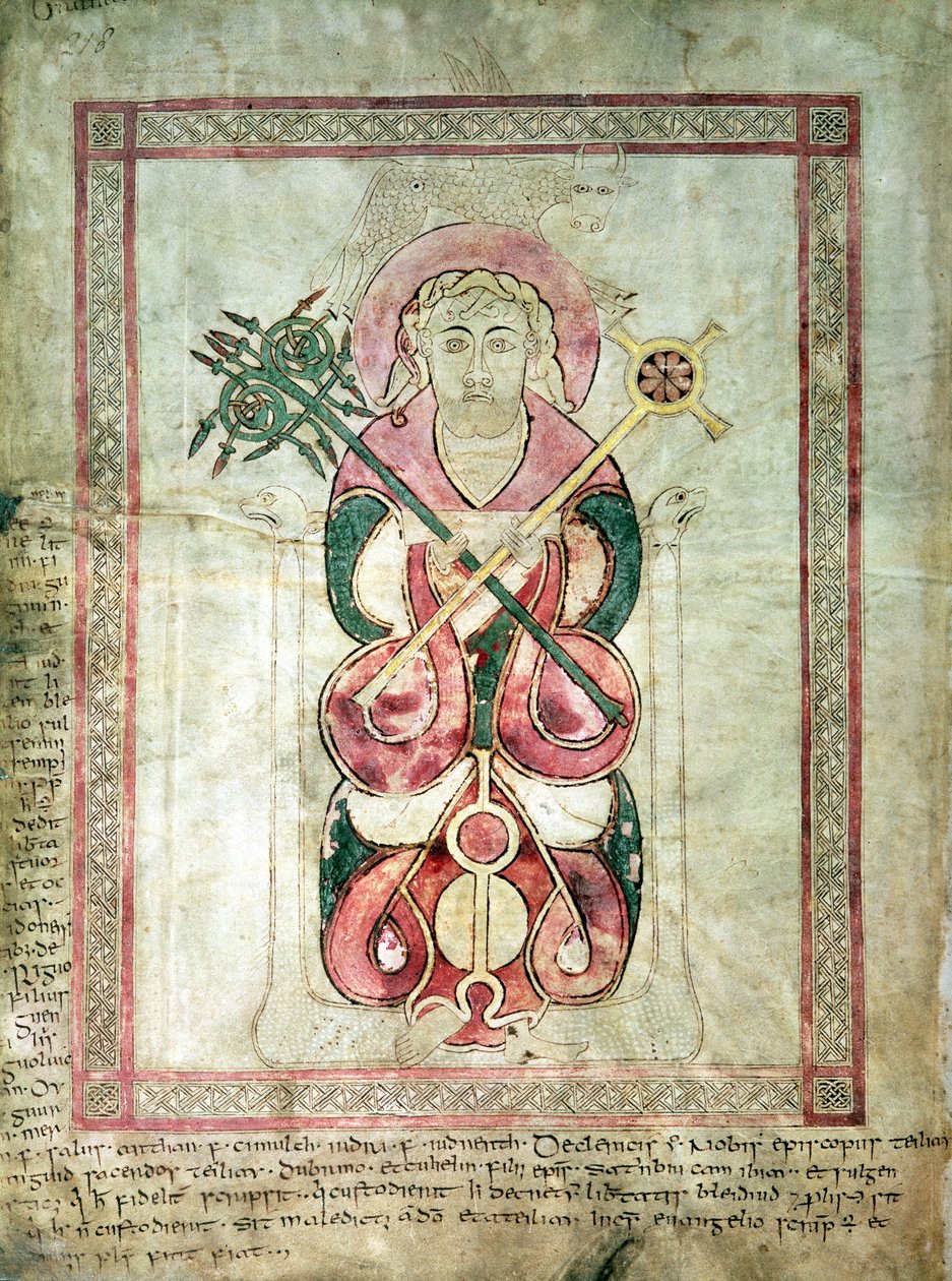 Św. Łukasz i jego skrzydlate cielę, strona tytułowa do Ewangelii św. Łukasza, z Ewangelii Lichfield, ok. 720 autorstwa English School
