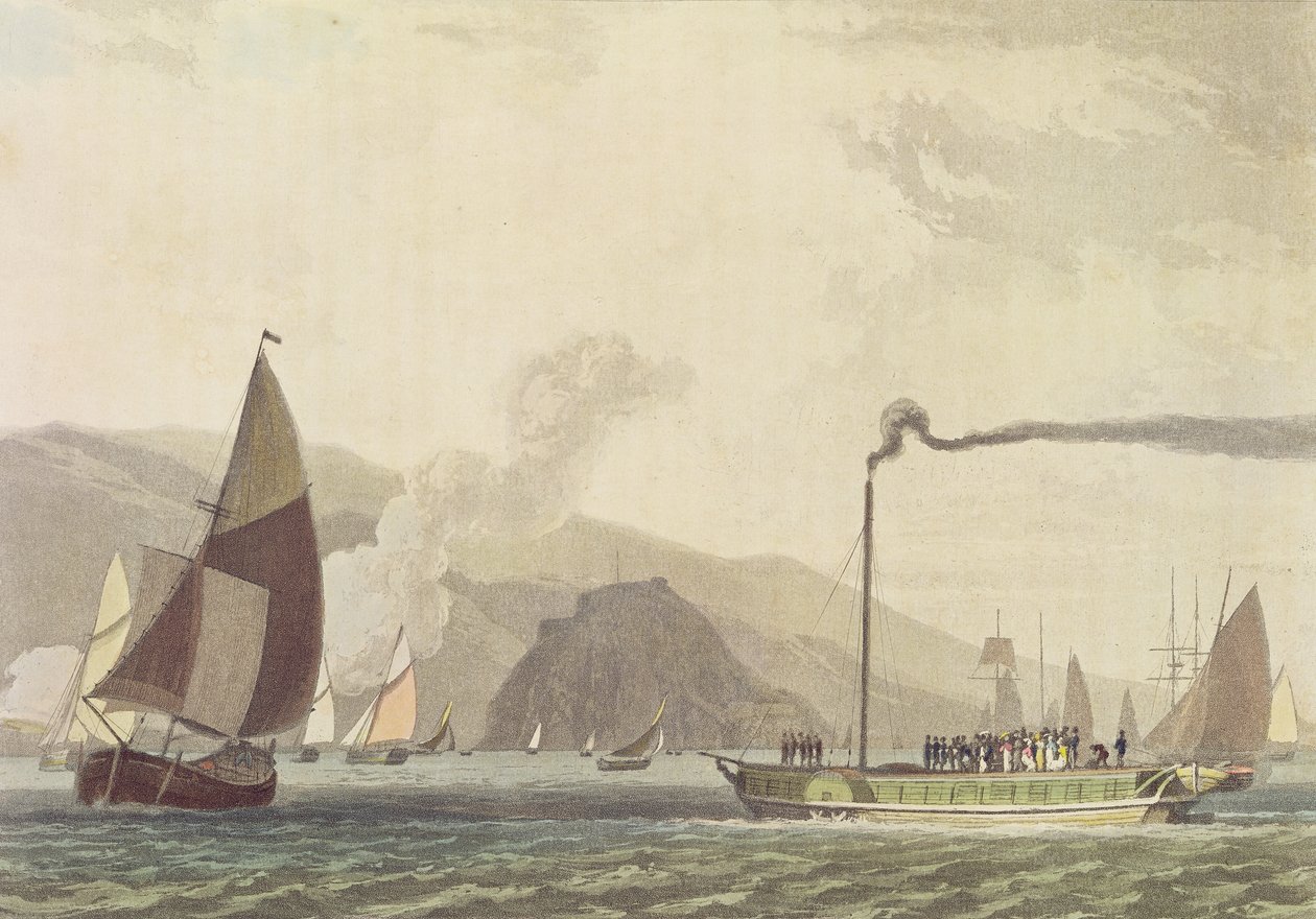 Statek parowy na Clyde niedaleko Dumbarton, 1802 (akwatinta) autorstwa English School