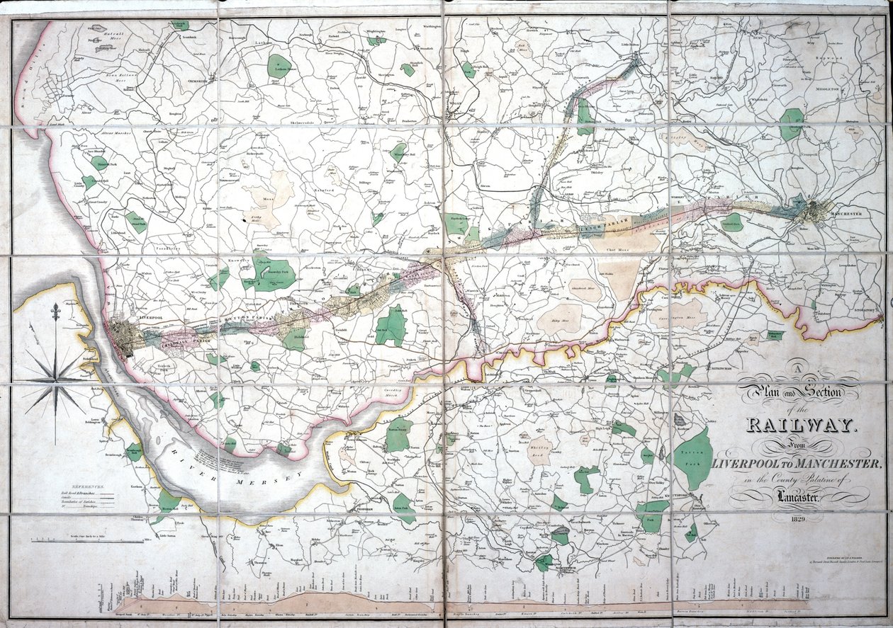 Mapa Stephensons z Liverpool & Manchester Railway, c.1824-1830 autorstwa English School