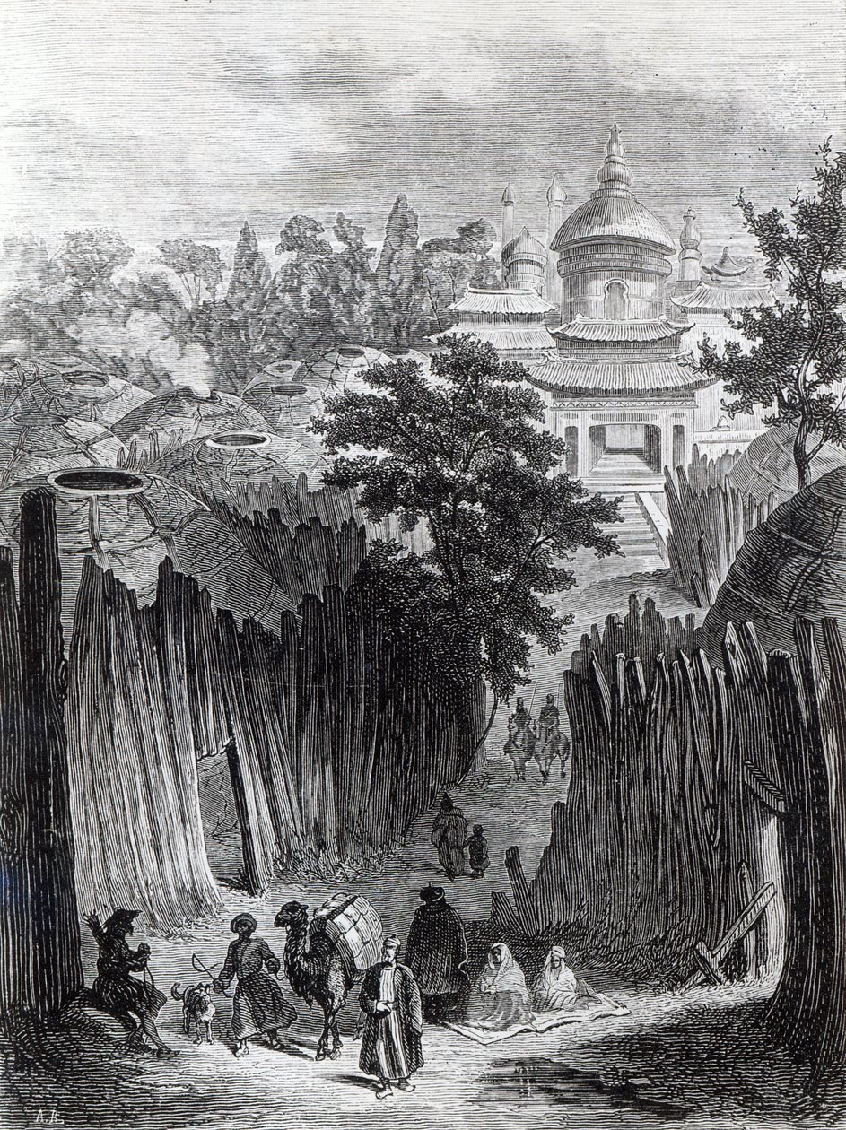 Ulica w Urga, ilustracja z „Mongolia, kraj Tangut i samotności północnego Tybetu” pułkownika Prejewalskiego, wydanie angielskie, 1876 r. autorstwa English School