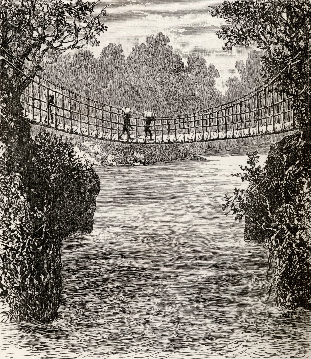 Most wiszący przez rzekę Ituri, Kongo, 1890 (drewno) autorstwa English School