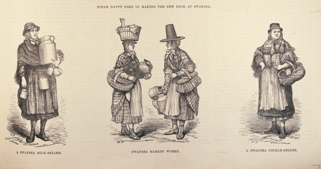 Swansea Milk-Seller, Swansea Market Woman i Swansea Cockle-Seller, z „The Illustrated London News”, 22 października 1881 autorstwa English School