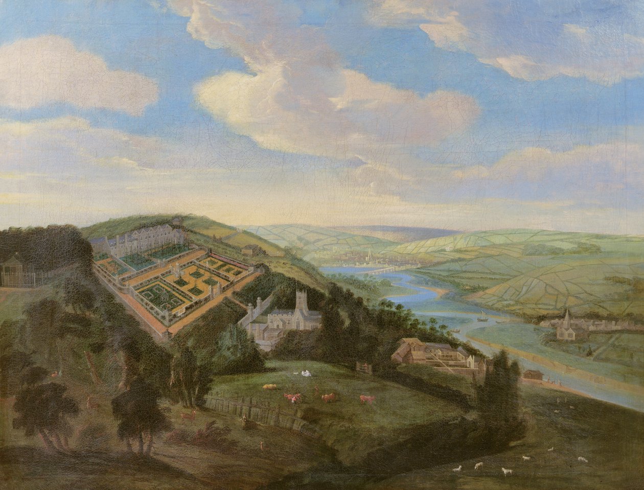 Tawstock Court w Devon, z widokiem na Barnstable w oddali, ok. 1740 autorstwa English School
