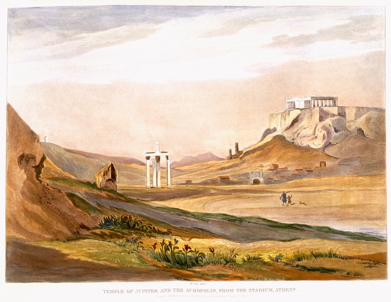 Świątynia Jowisza i Akropol, ze stadionu, Ateny, wydana Londyn 1835 (akwatinta kolorowa) autorstwa English School