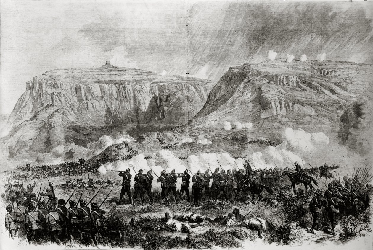 Wyprawa Abisyńska: Bitwa pod Arogee, przed Magdalą, w Wielki Piątek 10 kwietnia, opublikowana w „The Illustrated London News”. 1868 autorstwa English School