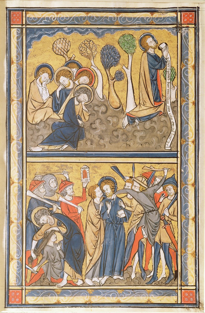 Agonia w ogrodzie i zdrada Chrystusa, karta z psałterza, ok. 1270 (tempera, atrament i złoto na welinie) autorstwa English School