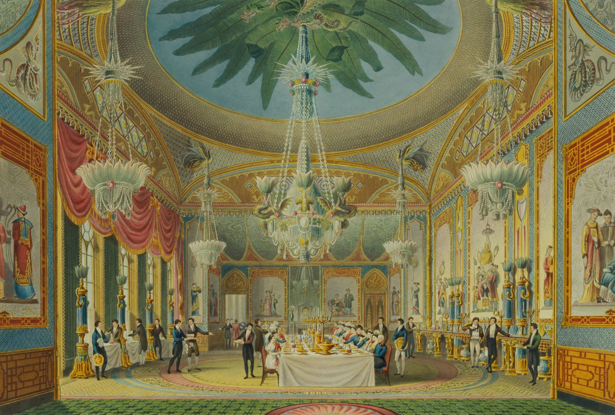 Sala bankietowa, z „Widoków na Royal Pavilion, Brighton” Johna Nasha (1752-1835) 1826 (akwatinta) autorstwa English School