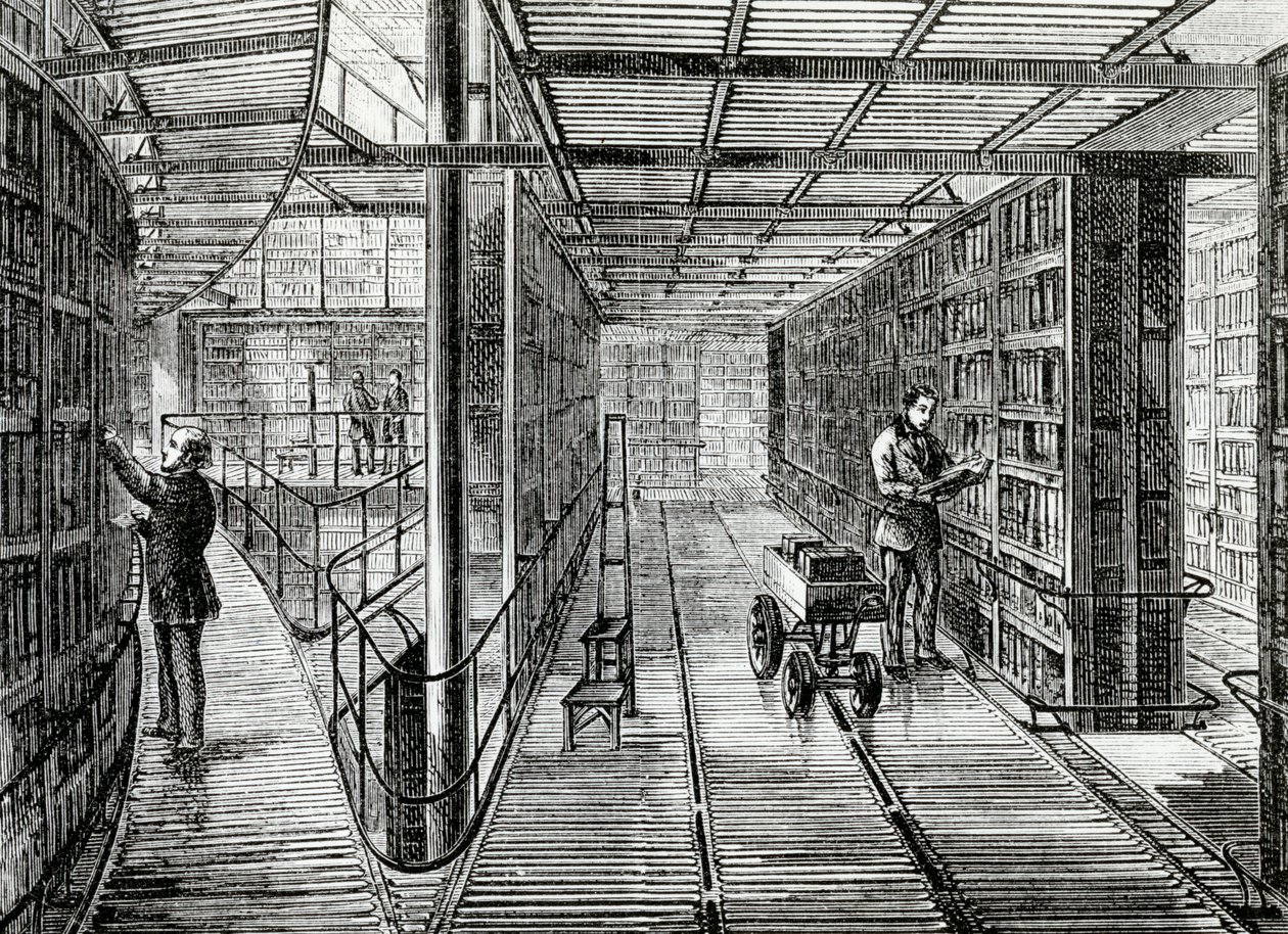 Regały na książki w British Museum, ilustracja ze „Starego i Nowego Londynu” Edwarda Walforda, wydana ok. 1880 r. autorstwa English School