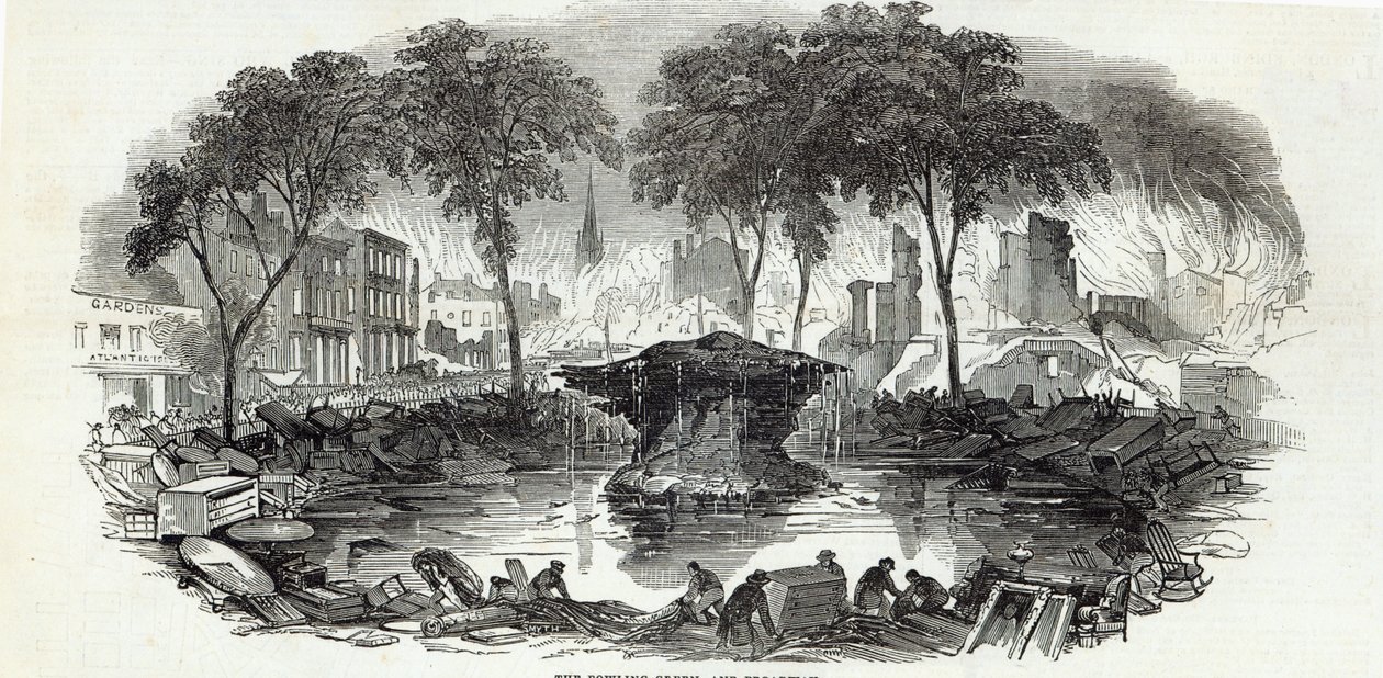 The Bowling-green i Broadway, Nowy Jork, z The Illustrated London News, 23 sierpnia 1845 r autorstwa English School