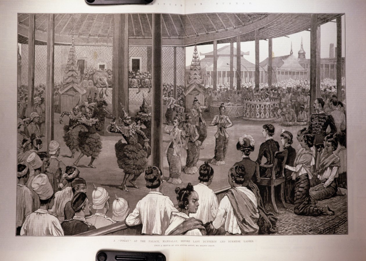 Brytyjczycy w Birmie: biedny w pałacu, Mandalay, Before Lady Dufferin and Birmese Ladies, z „The Illustrated London News”, 17 kwietnia 1886 autorstwa English School