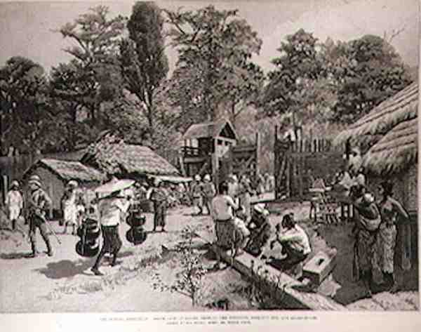 Wyprawa Birma: Południowa Brama Bhamo pokazująca palisadę, chatę widokową i wartownię, z The Illustrated London News, 3 czerwca 1886 autorstwa English School