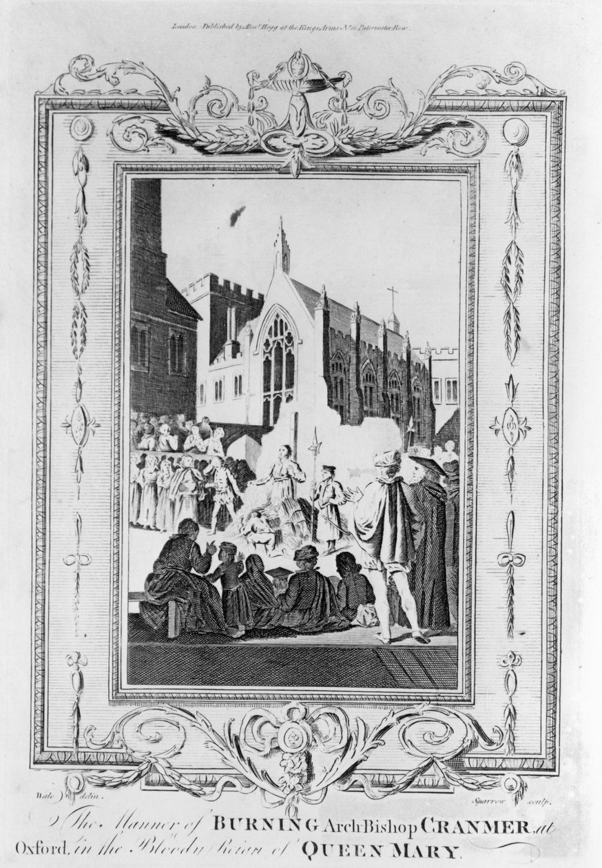 Spalenie arcybiskupa Thomasa Cranmera (1489-1556) w Oksfordzie podczas krwawych rządów królowej Marii (1516-58), rycina Thomasa Sparrowa (1765-84) autorstwa English School