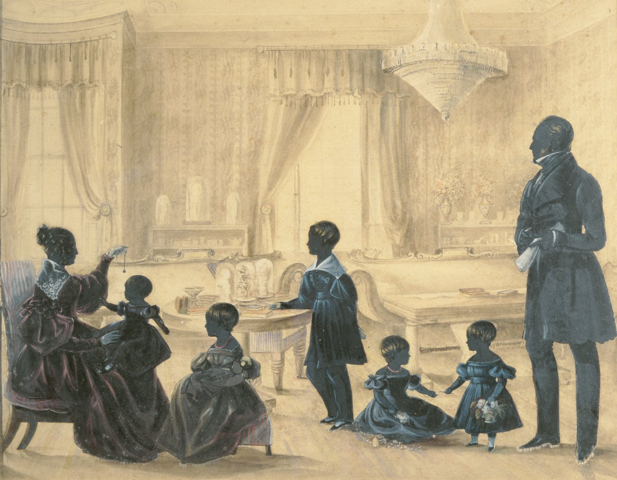 Rodzina Burrellów w swoim domu w Durham, ok. 1820 (toaleta z zastosowanymi sylwetkami) autorstwa English School