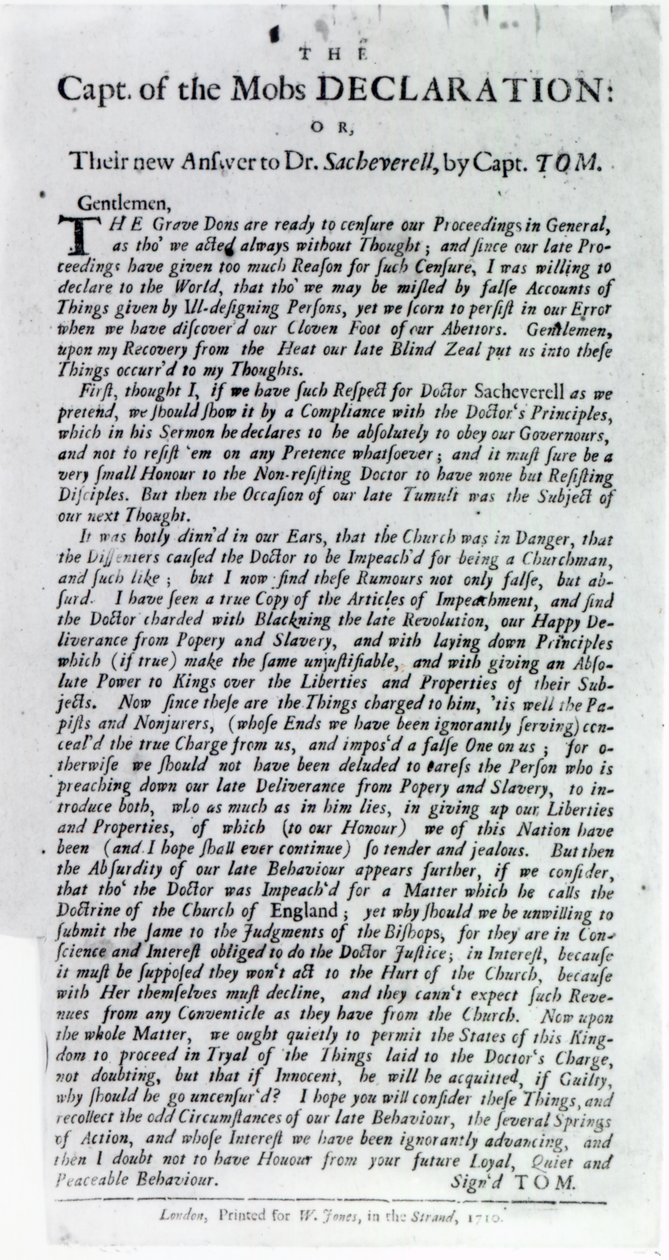 Deklaracja kapitana mafii lub ich nowa odpowiedź do dr Sacheverella autorstwa kapitana Toma, 1710 (druk) autorstwa English School