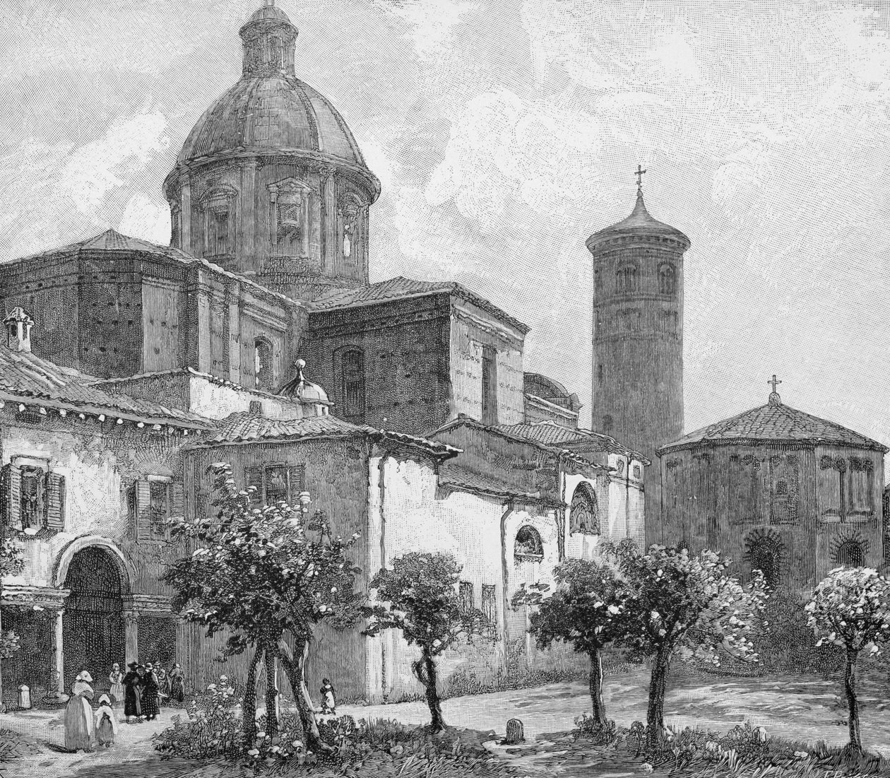 Katedra i baptysterium, Rawenna, Włochy, z „Malowniczego Morza Śródziemnego”, tom 3, wyd. Cassell and Co. Ltd., lata 80.-90. autorstwa English School