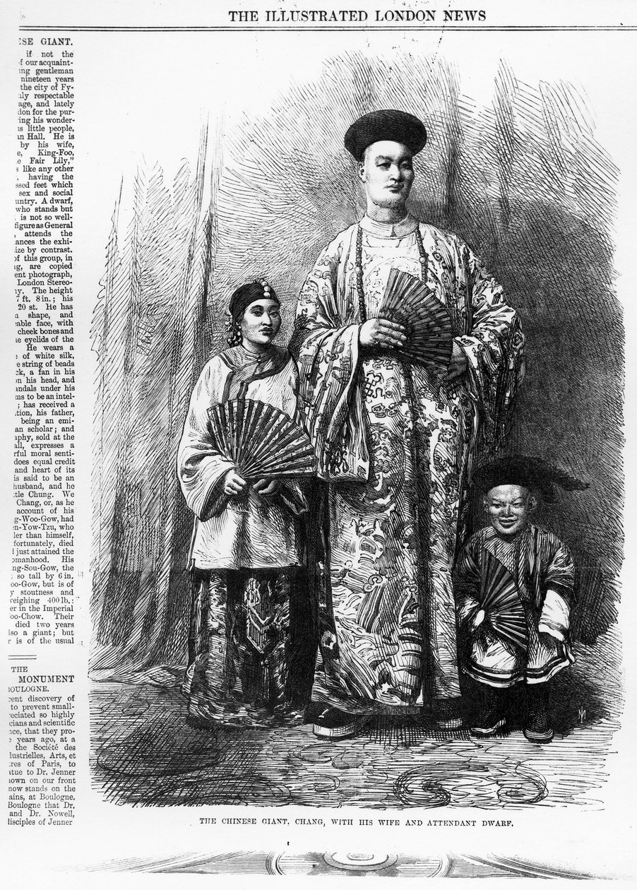 Chiński gigant, Chang, z żoną i towarzyszącym mu krasnoludem, opublikowany w „The Illustrated London News”, 30 września 1865 autorstwa English School