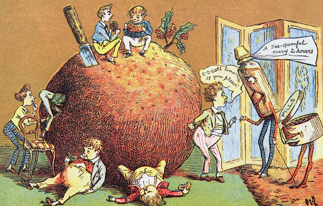 Świąteczny Pudding, wiktoriańska kartka świąteczna (kolor grawerowany) autorstwa English School