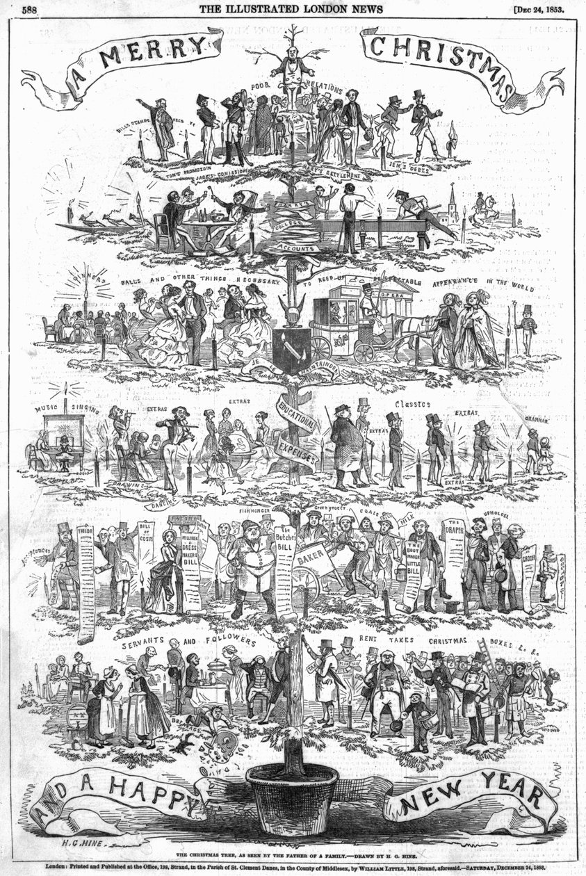 Choinka widziana przez ojca rodziny, ilustracja z „The Illustrated London News”, 24 grudnia 1853 autorstwa English School