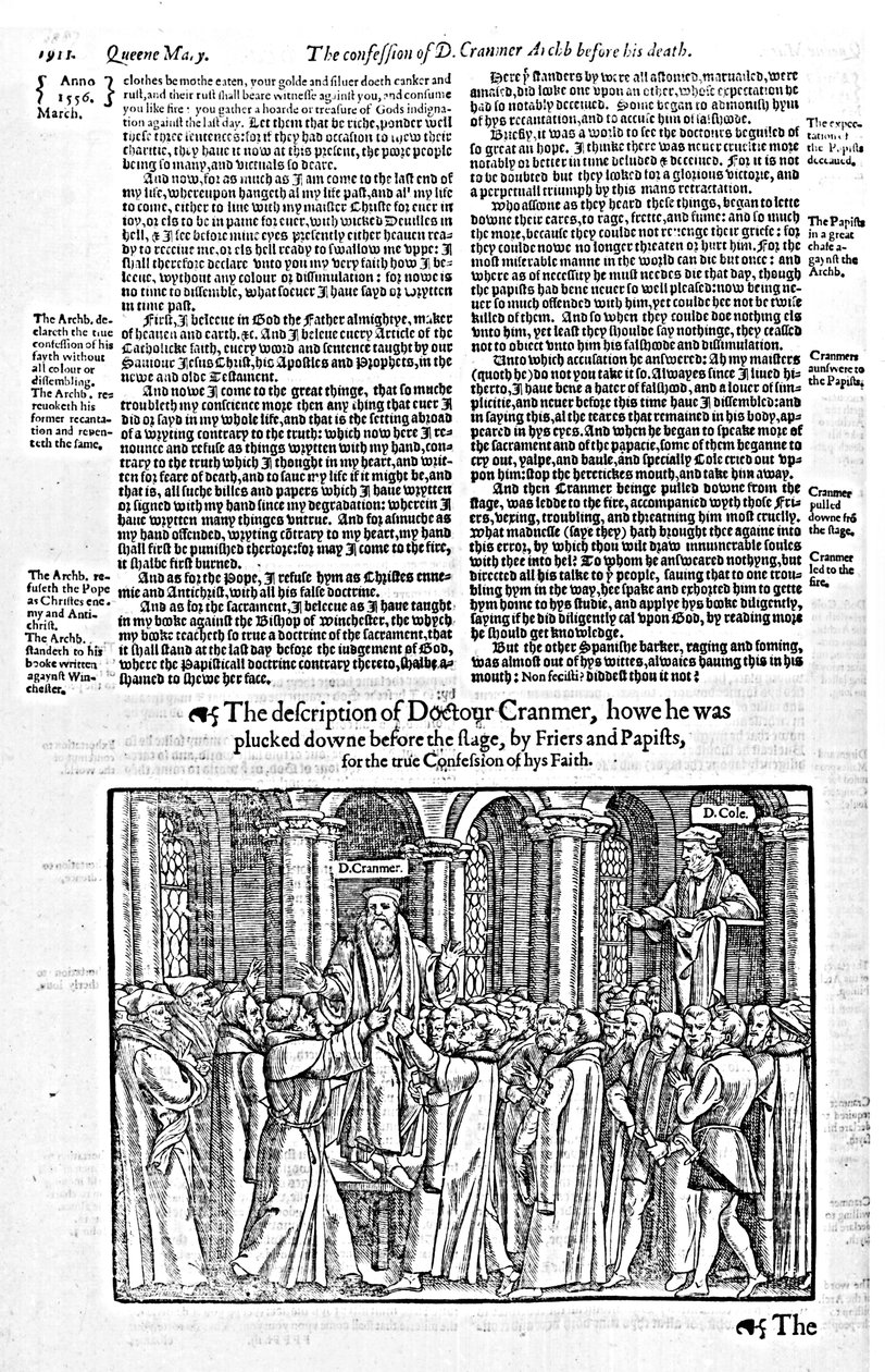 Wyznanie doktora Thomasa Cranmera (1489-1556) arcybiskupa Canterbury, Przed śmiercią, z „Działań i pomników” Johna Foxe (1516-87) 1563 autorstwa English School