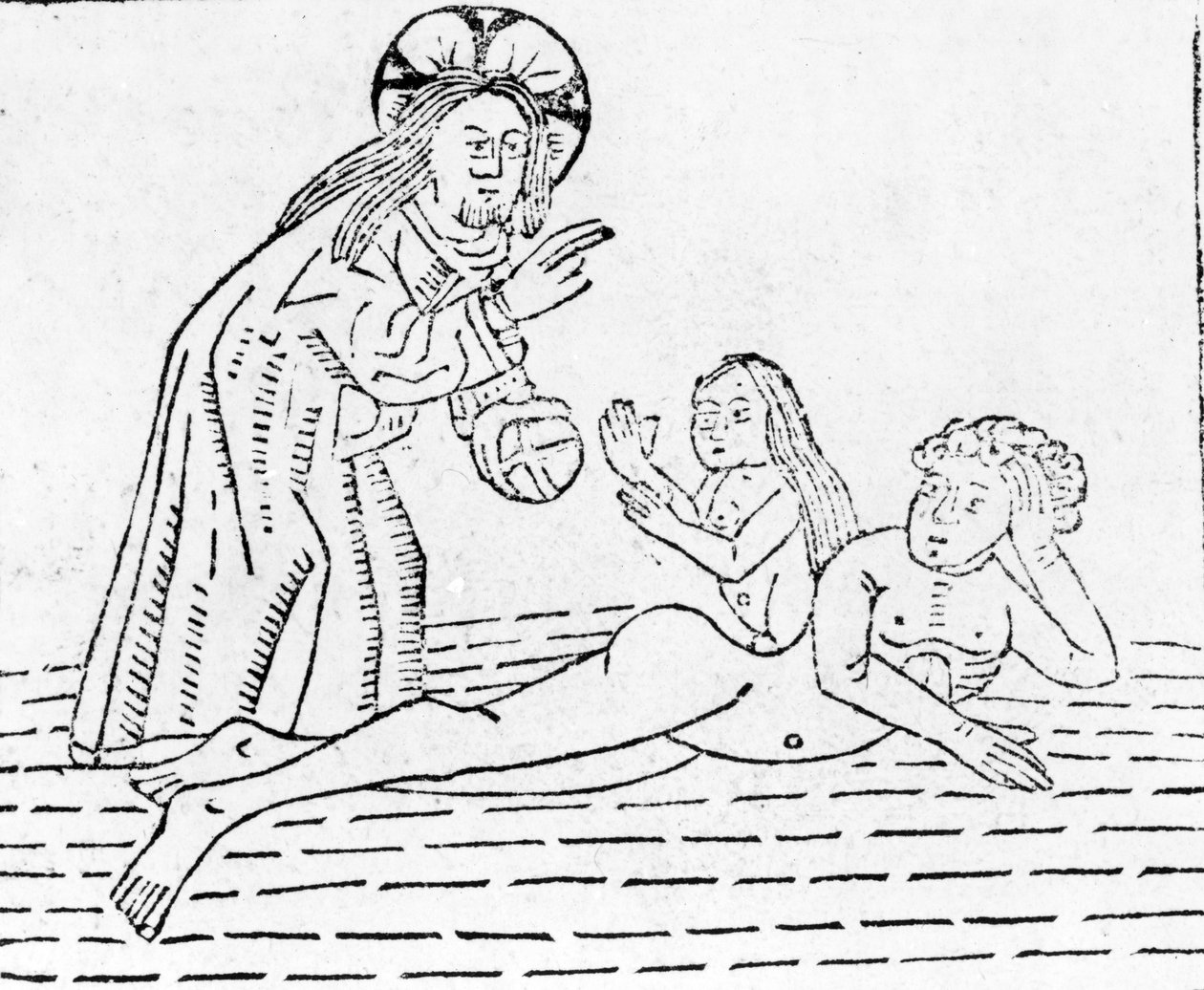 Stworzenie człowieka, ilustracja z „Zwierciadła świata”, wydanego przez Williama Caxtona w 1481 r. autorstwa English School