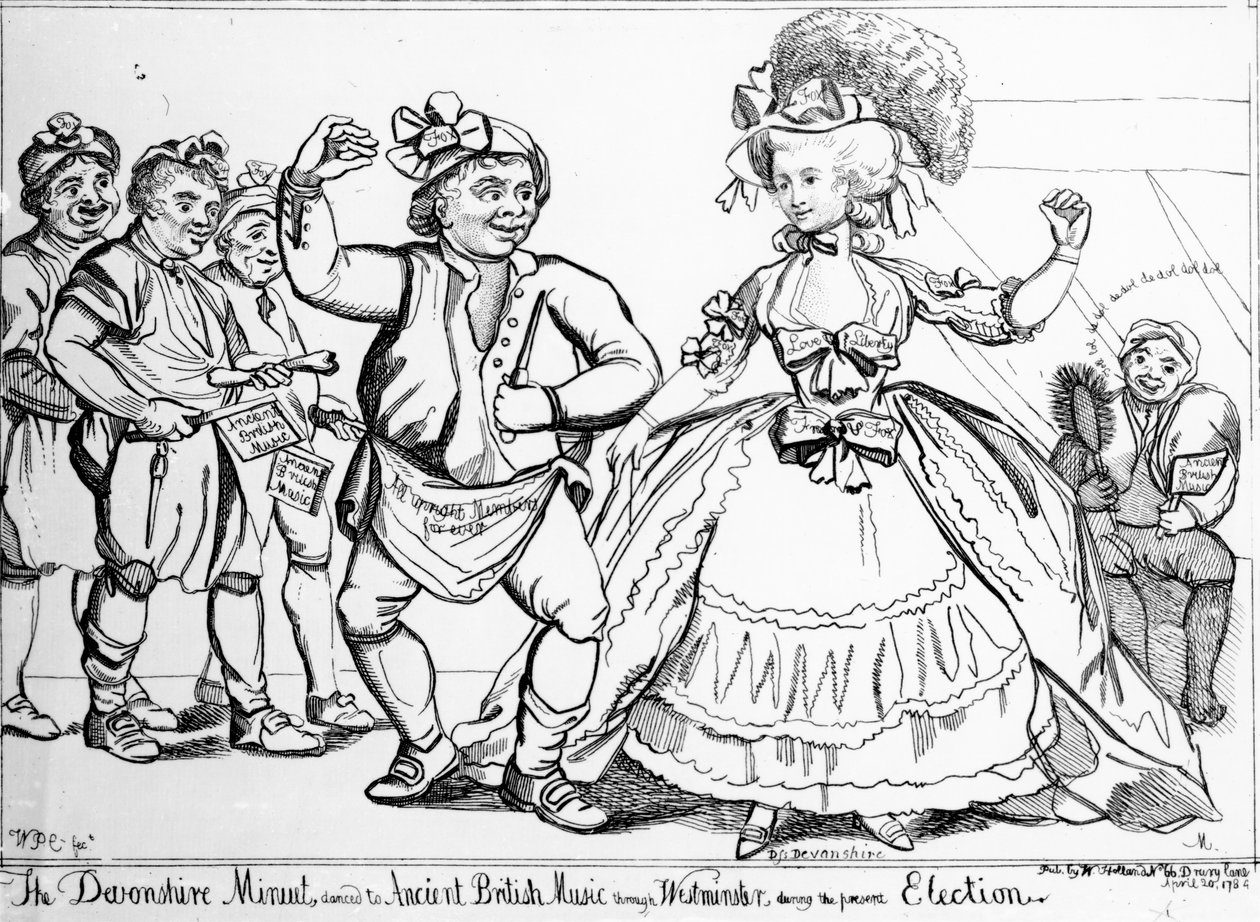 Menuet Devonshire, tańczony do muzyki brytyjskiej przez Westminster podczas wyborów, odbitka wykonana przez Williama Paulet Carey, 1784 autorstwa English School