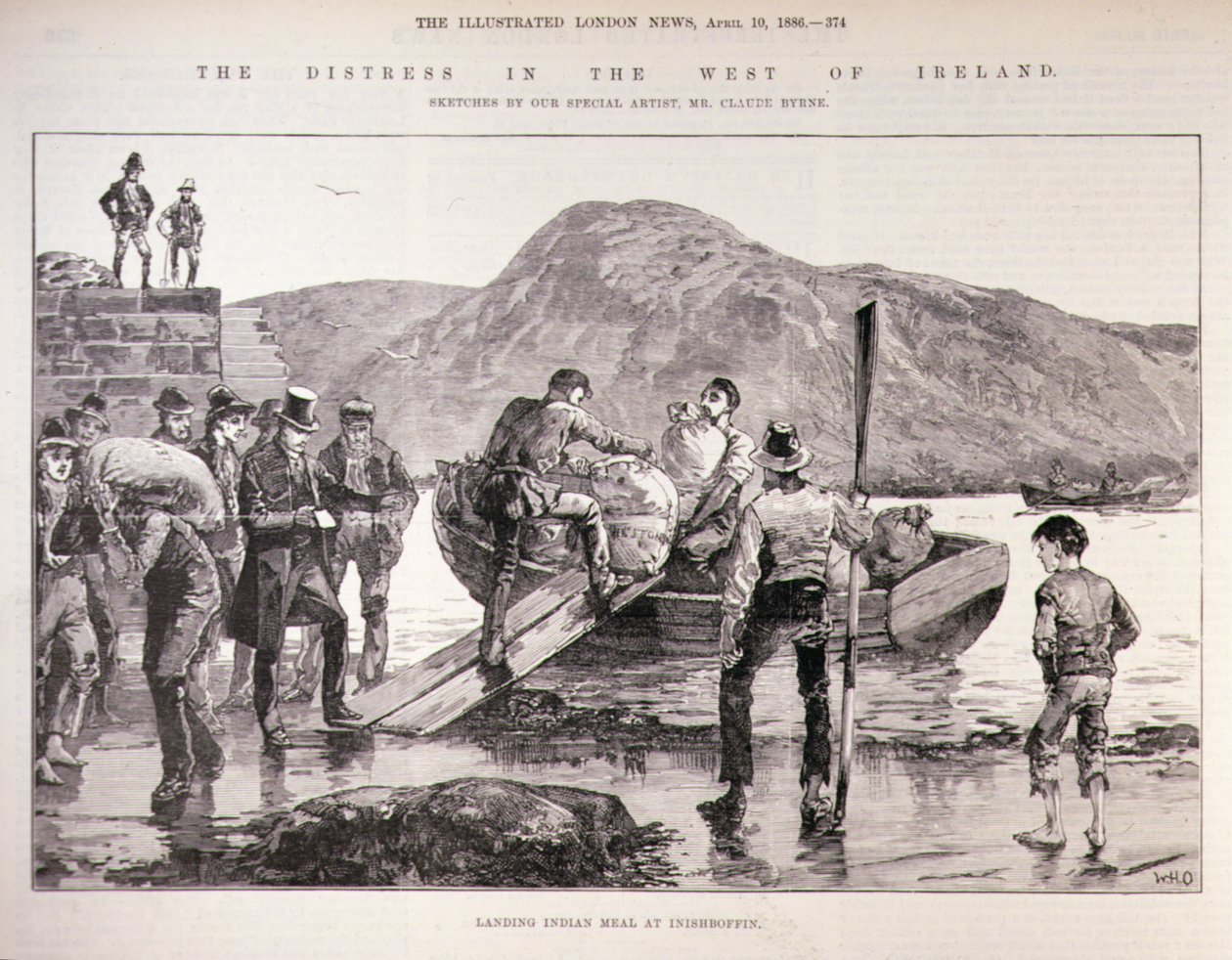 The Distress in the West of Ireland: Landing Indian Meal w Inishbofin, z The Illustrated London News, 4 października 1886 autorstwa English School
