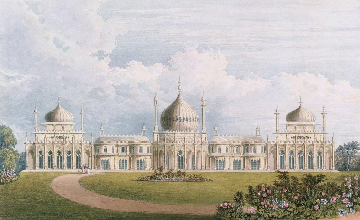 Front wschodni, z Views of the Royal Pavilion, Brighton autorstwa Johna Nasha (1752-1835) 1826 (akwatinta) autorstwa English School