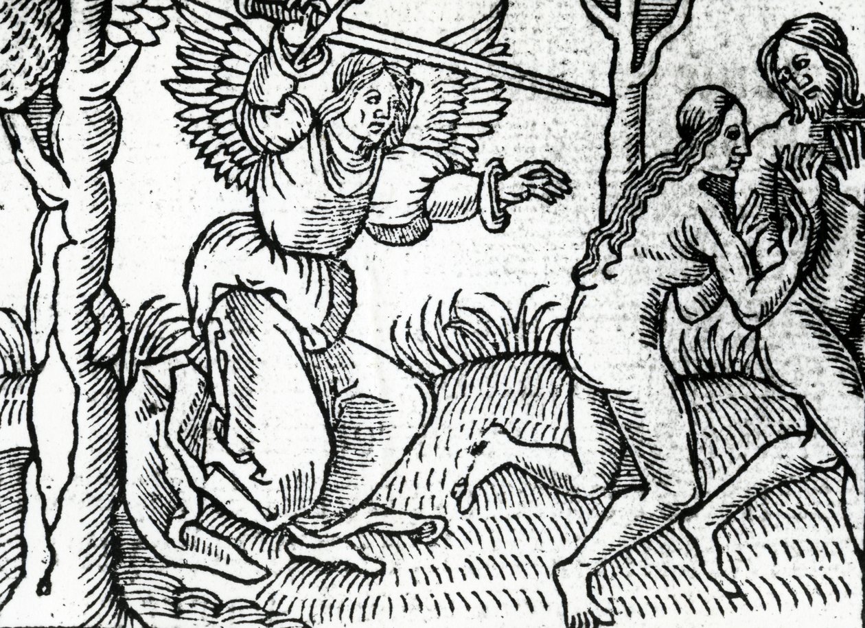 Wypędzenie z Ogrodu Eden, ilustracja z Biblii Cranmera, 1540 autorstwa English School