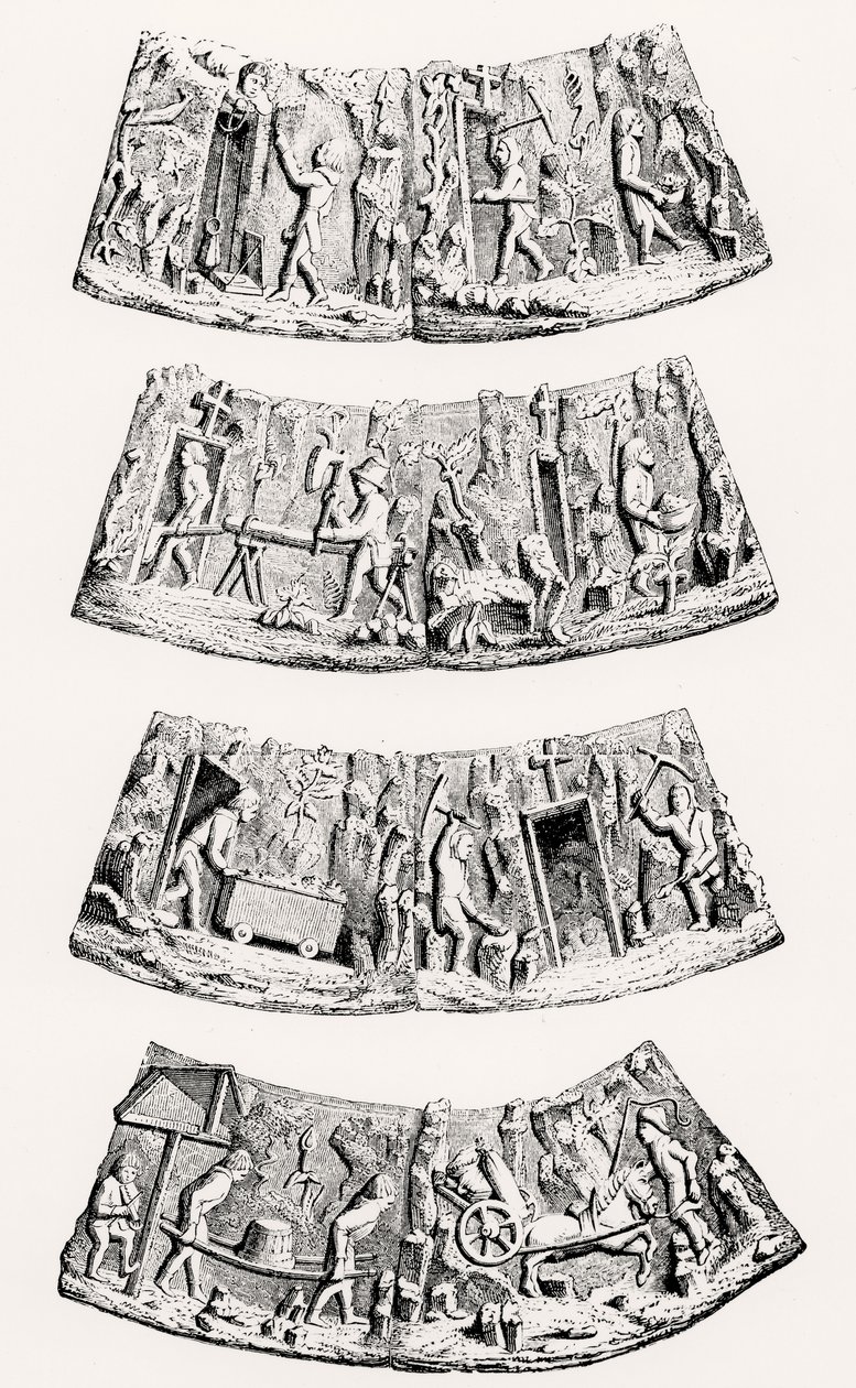 Wydobycie metali szlachetnych, kawałki w ceremonialnym kołnierzu starszego członka złotników w Gandawie, ilustracja z Nauki i literatury w średniowieczu i renesansie, wri autorstwa English School