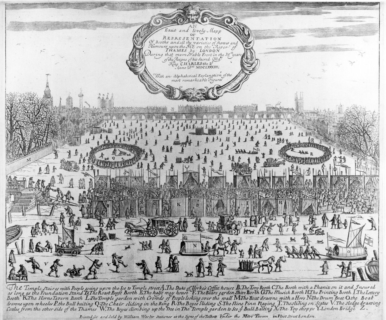Targi Mrozowe zimy 1683-84 nad Tamizą, ze Starym Mostem Londyńskim w oddali. c.1684 autorstwa English School