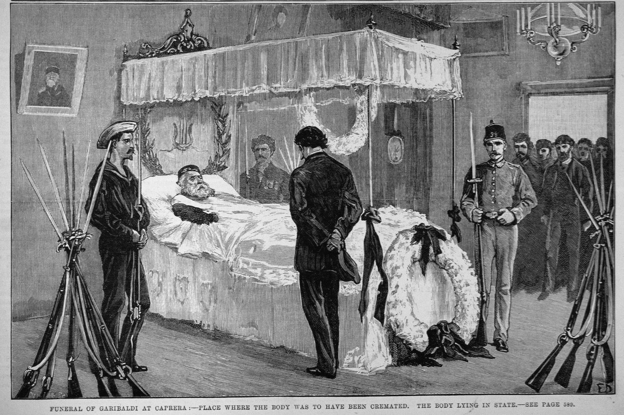 The Funeral of Garibaldi w Caprera: The Body Leing in State, z „The Illustrated London News”, 17 czerwca 1882 autorstwa English School