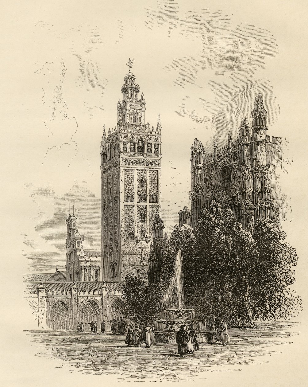Giralda, Sewilla, Hiszpania, z „Spanish Pictures” wielebnego Samuela Manninga, opublikowanej w 1870 r. autorstwa English School