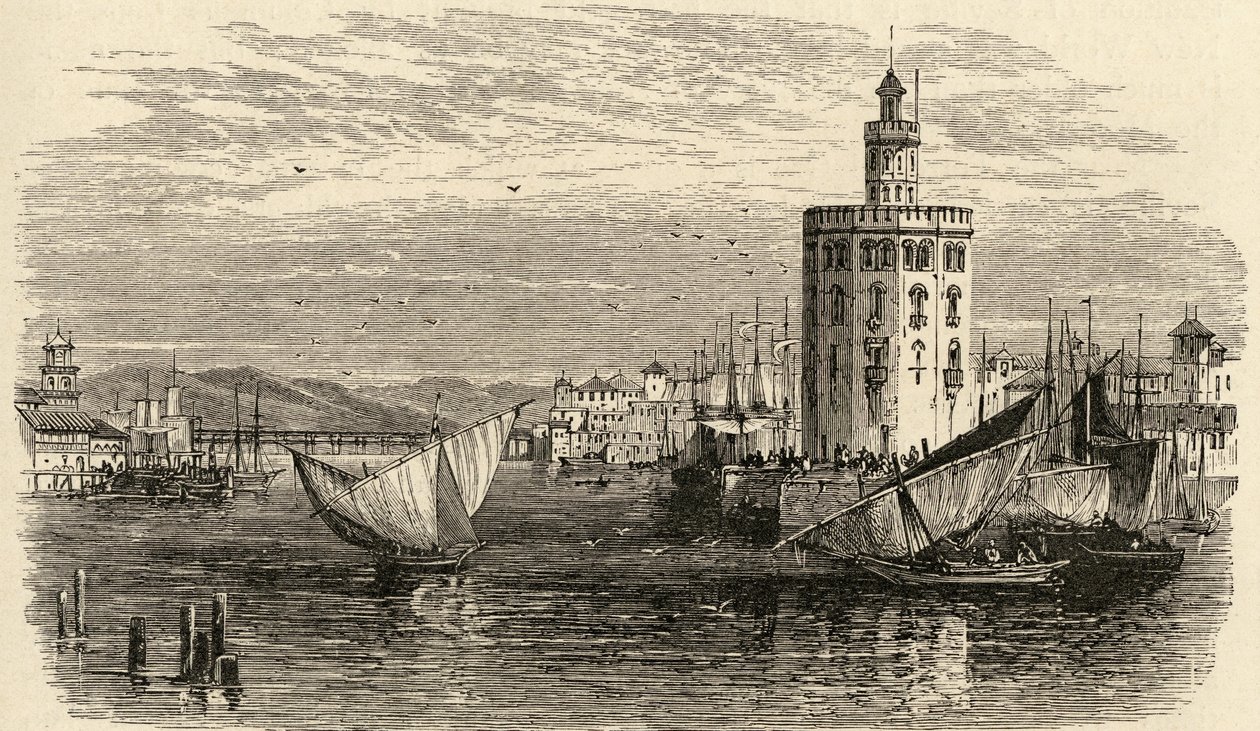 Złota Wieża, Sewilla, Hiszpania, z „Spanish Pictures” wielebnego Samuela Manninga, opublikowanej w 1870 r. autorstwa English School